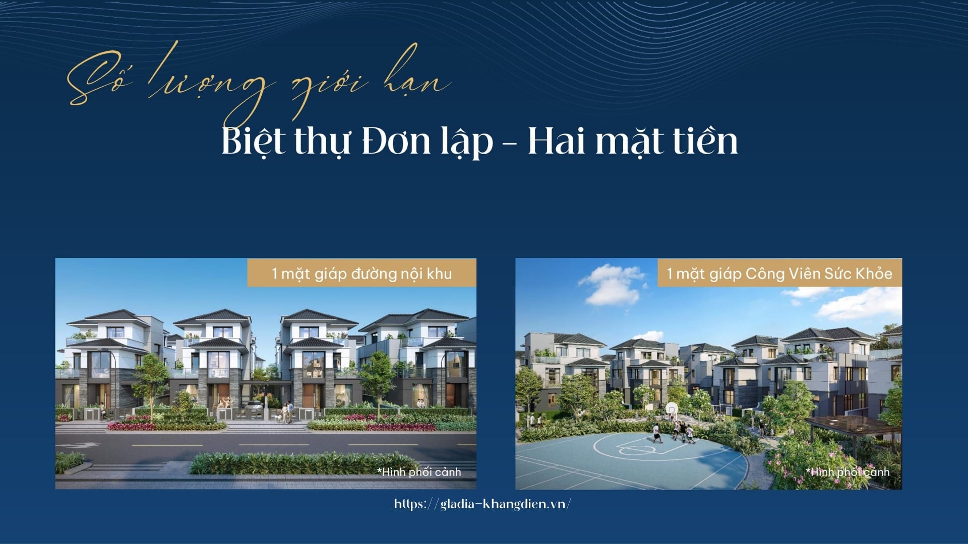 Phối cảnh biệt thự đơn lập hai mặt tiền tại Gladia by the Waters.