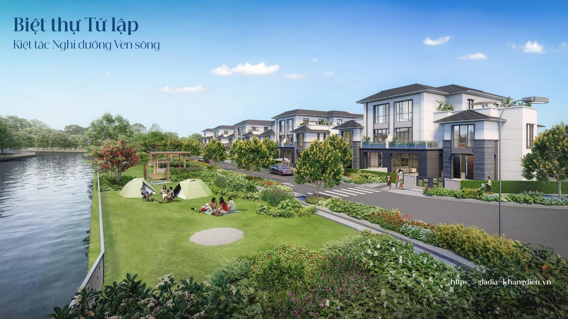 Phối cảnh biệt thự tứ lập, kiệt tác nghỉ dưỡng ven sông tại Gladia by the Waters.