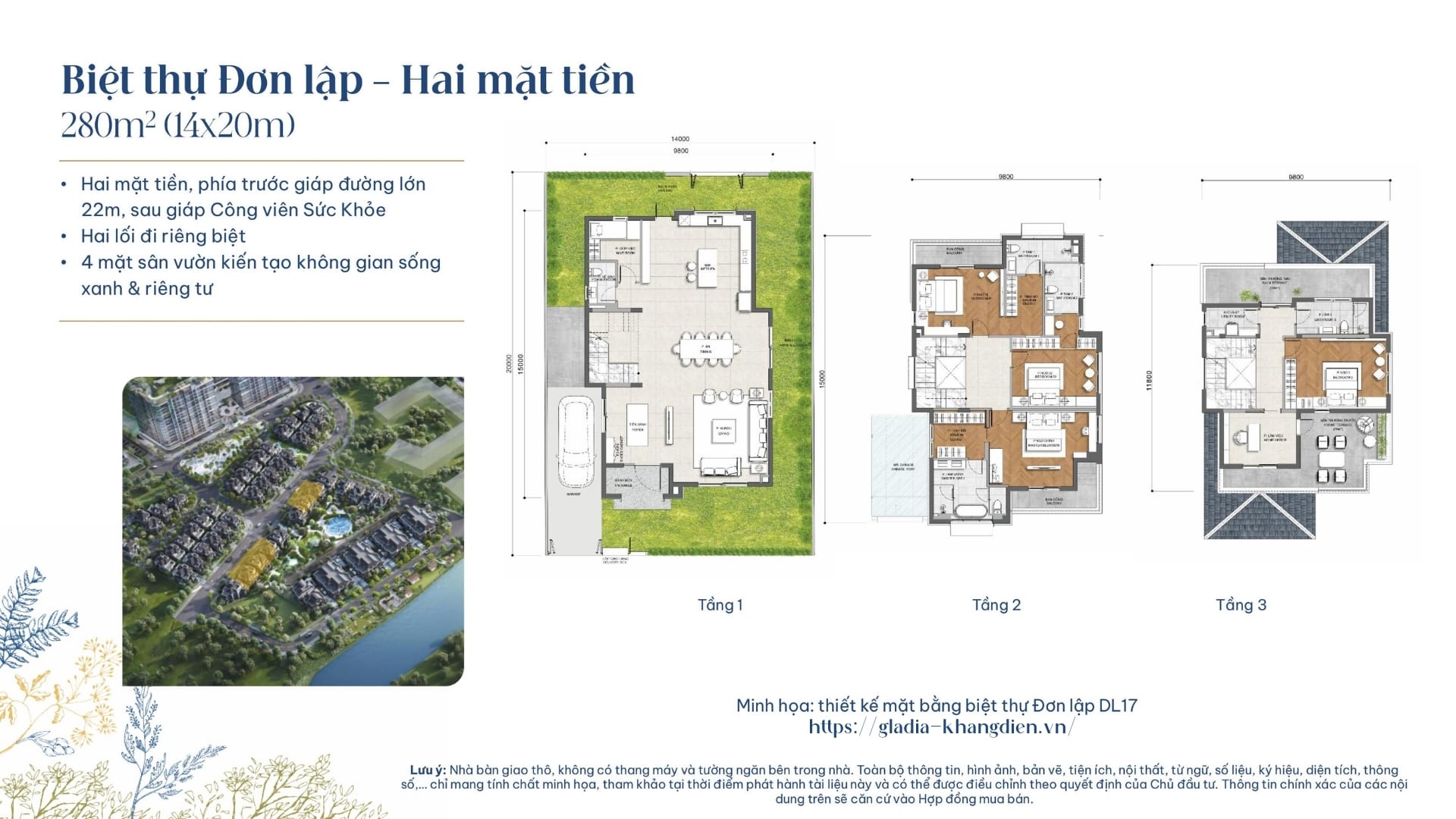 Layout thiết kế biệt thự đơn lập hai mặt tiền 280m2 tại Gladia by the Waters.