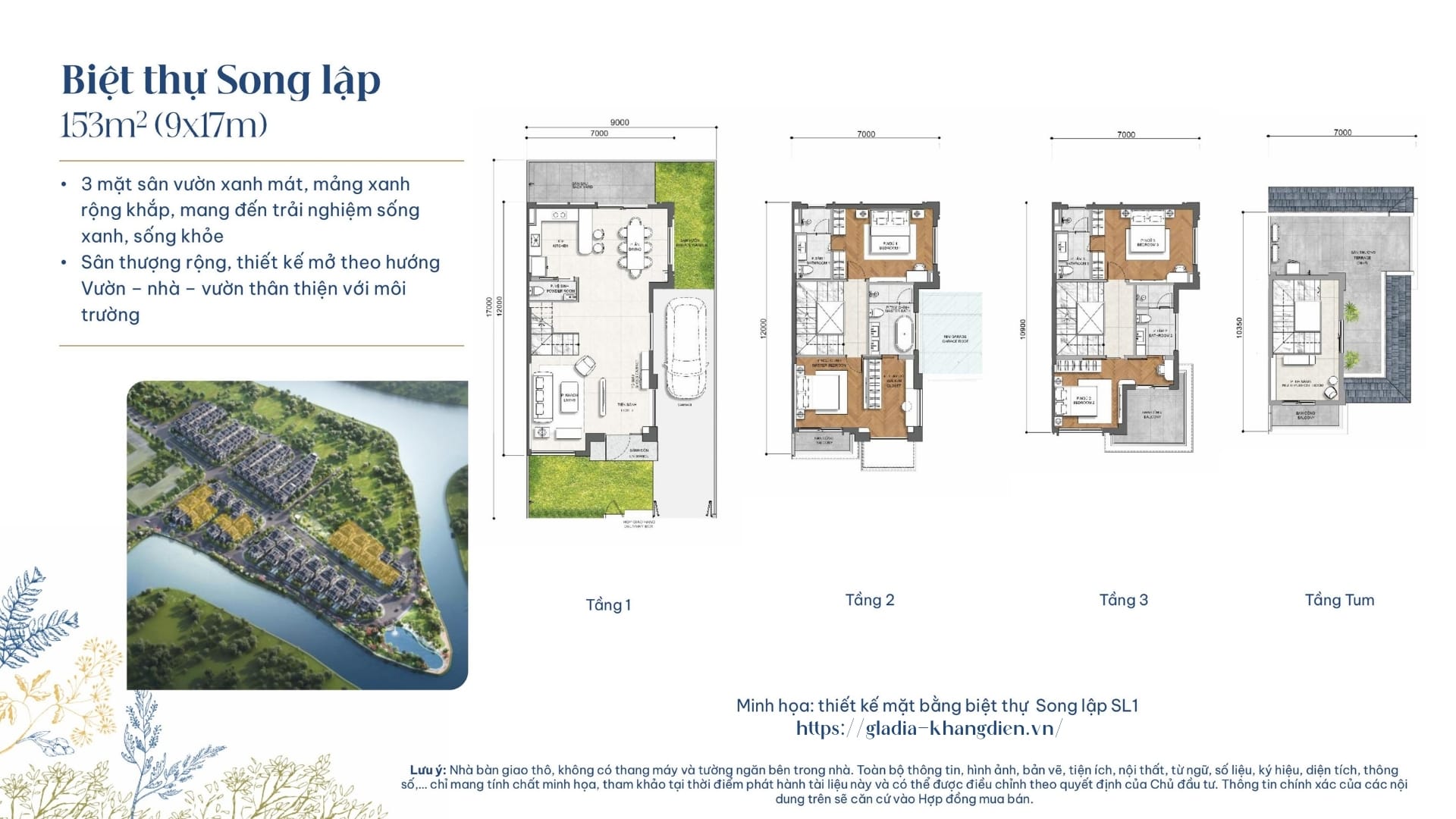 Layout thiết kế chi tiết của biệt thự song lập 153m2 tại Gladia by the Waters.