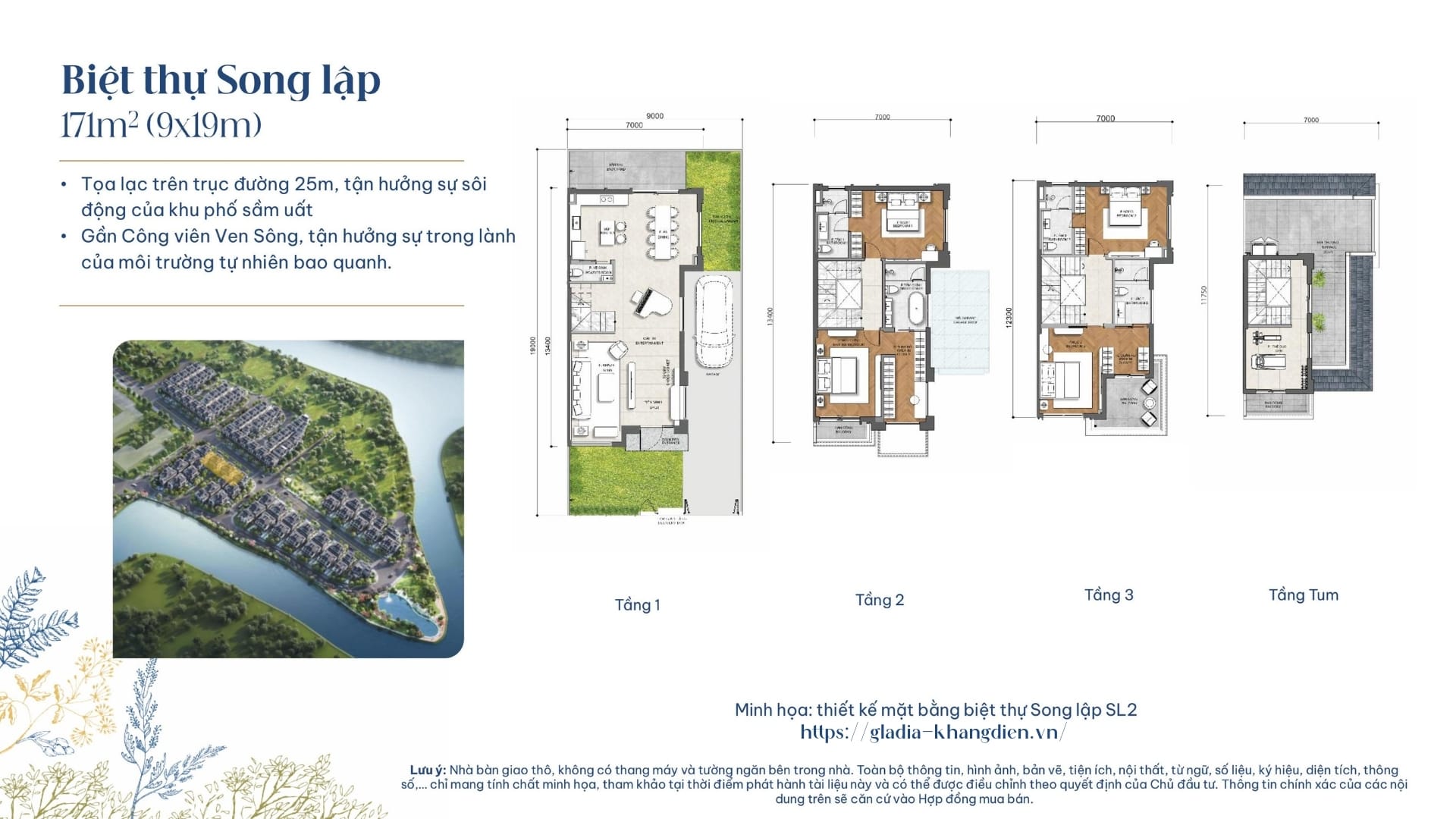 Layout thiết kế chi tiết của biệt thự song lập 171m2 tại Gladia by the Waters.