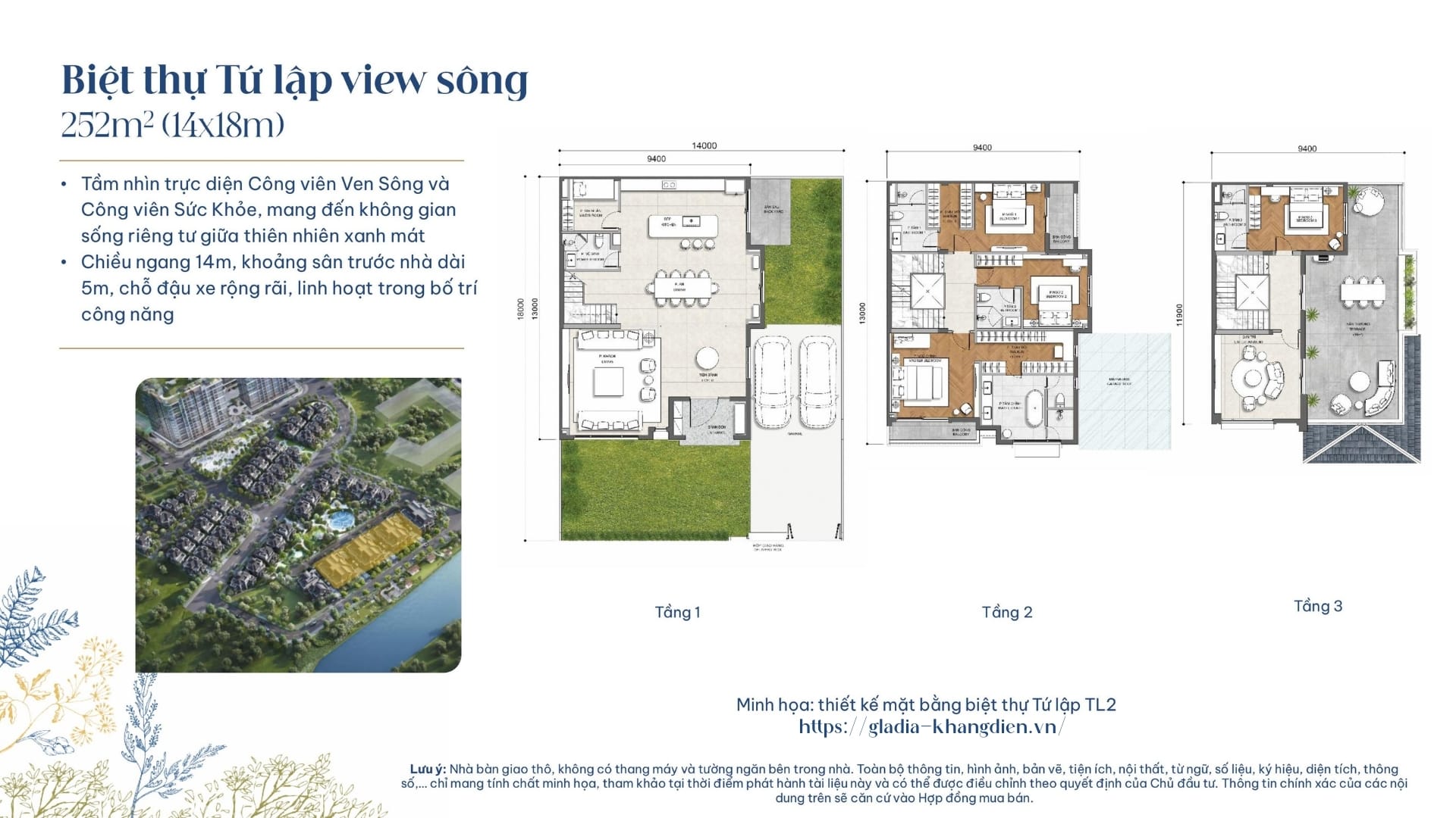 Layout thiết kế chi tiết của biệt thự tứ lập tại Gladia by the Waters.