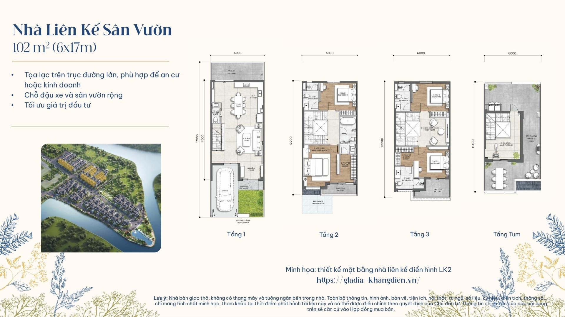 Layout thiết kế chi tiết nhà phố liên kế sân vườn 102m2 tại Gladia by the Waters.