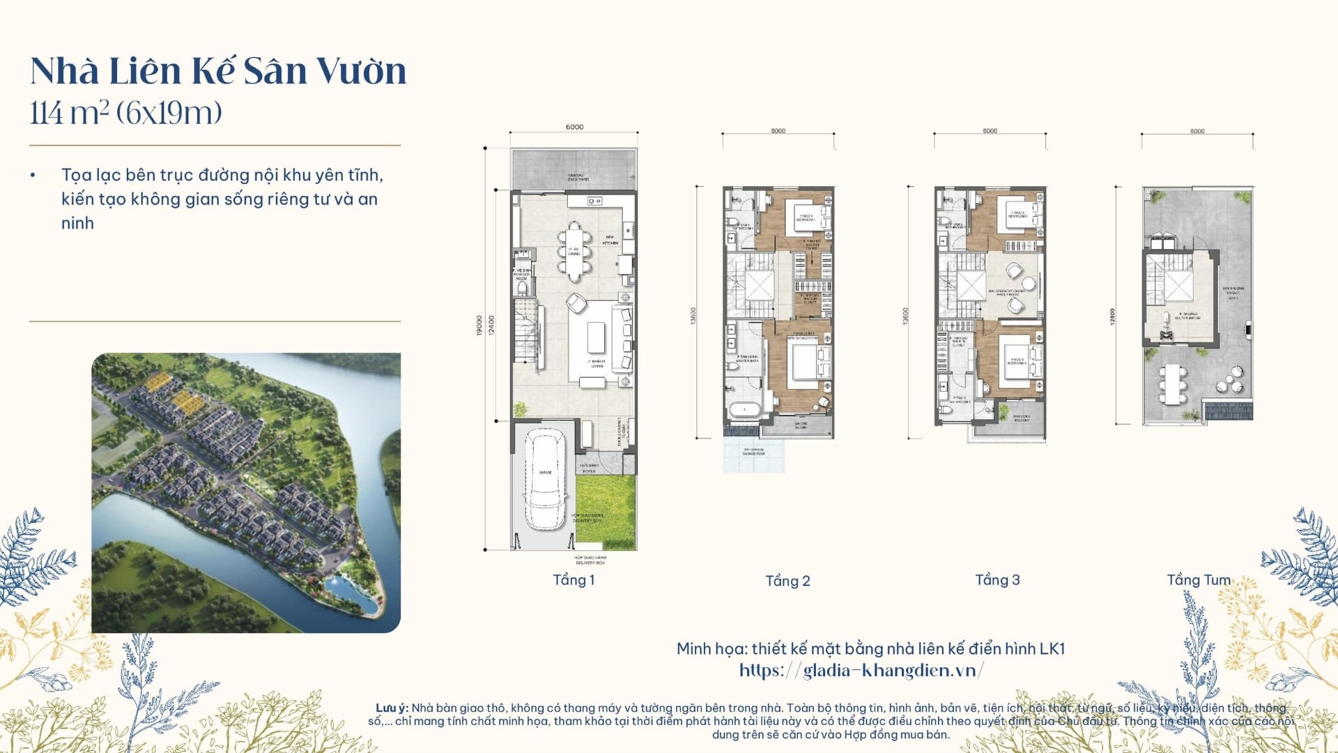 Layout thiết kế chi tiết nhà phố liên kế sân vườn 114m2 tại Gladia by the Waters.