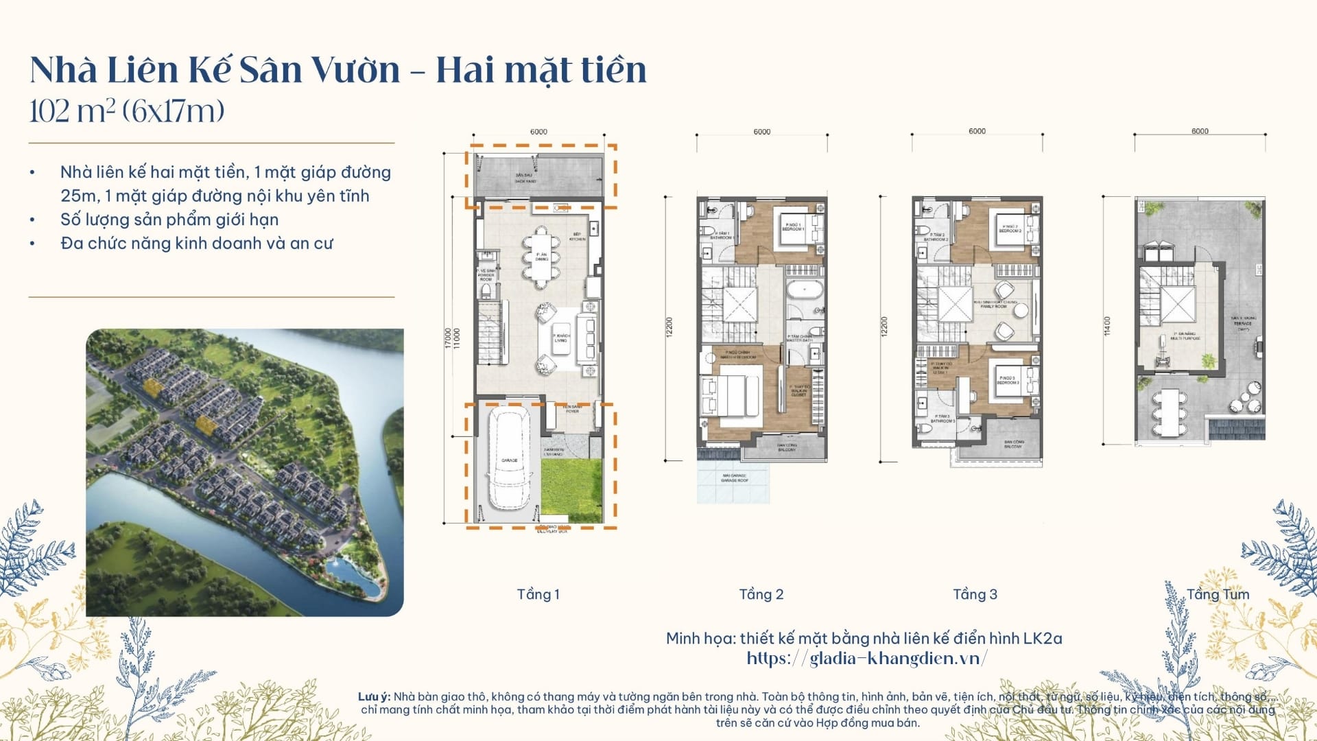 Layout thiết kế chi tiết nhà phố liên kế hai mặt tiền tại Gladia by the Waters.