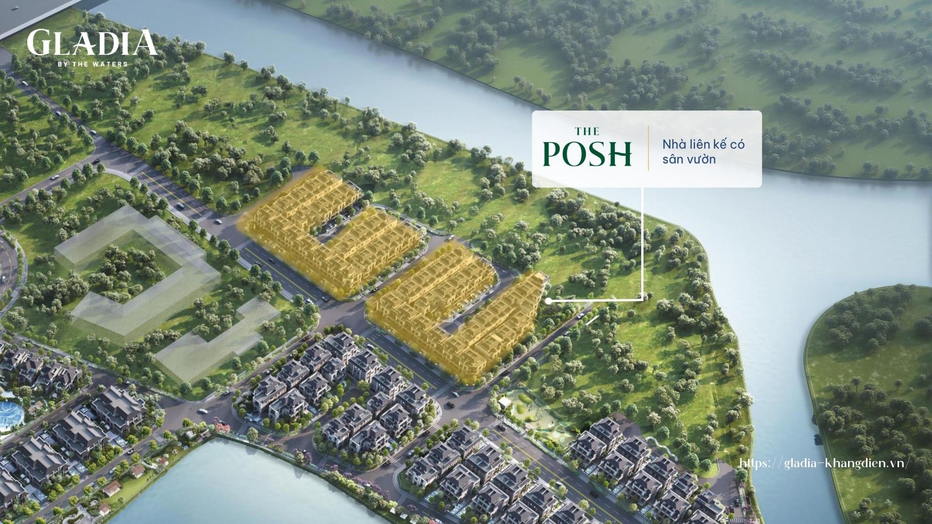 Sơ đồ mặt bằng nhà phố Gladia (nhà liên kế sân vườn) tại phân khu The Posh.