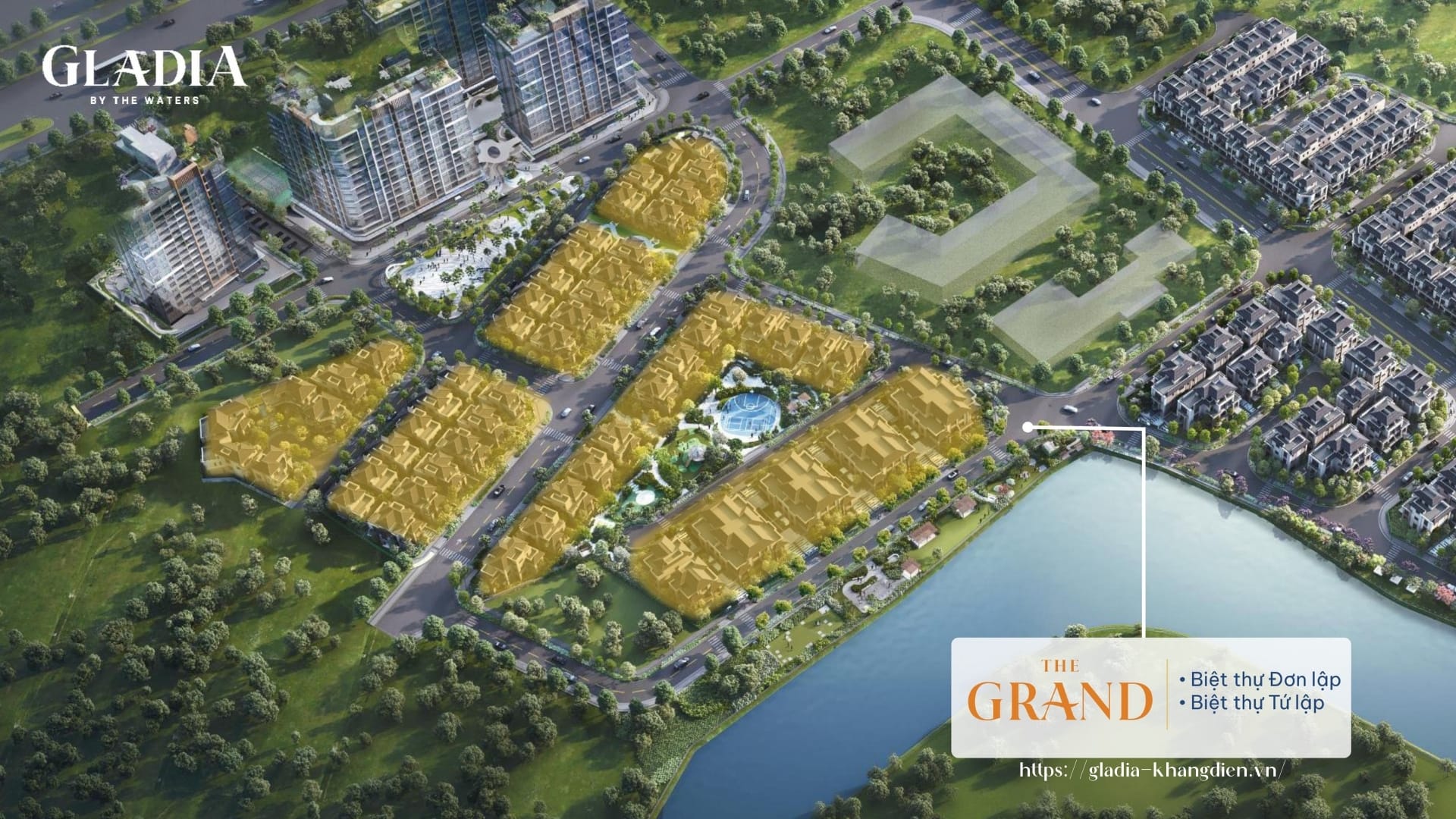 Sơ đồ mặt bằng tổng thể phân khu The Grand, nơi quy tụ các biệt thự Gladia đẳng cấp.