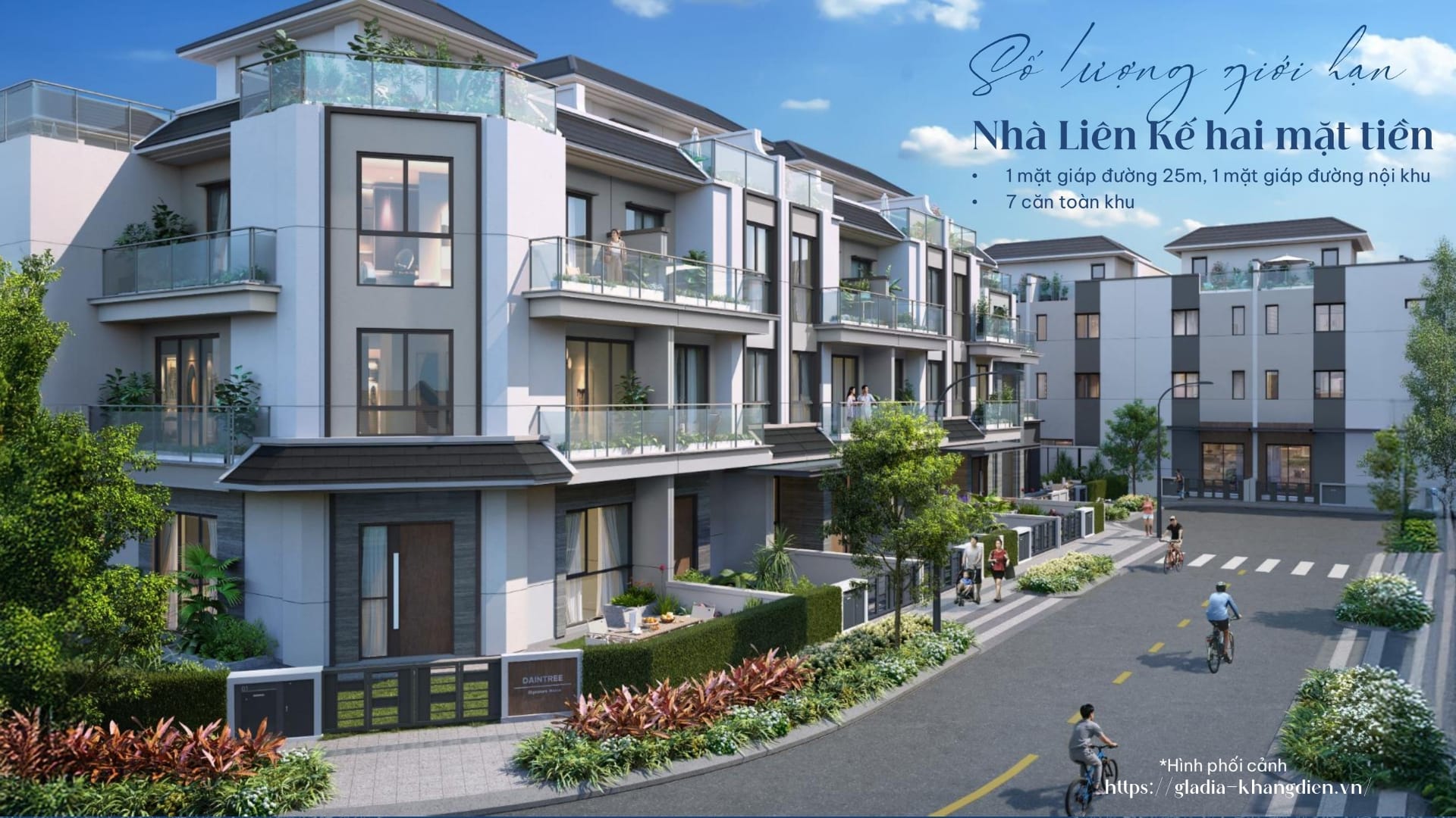 Phối cảnh mẫu nhà phố liên kế hai mặt tiền, sản phẩm giới hạn tại Gladia by the Waters.