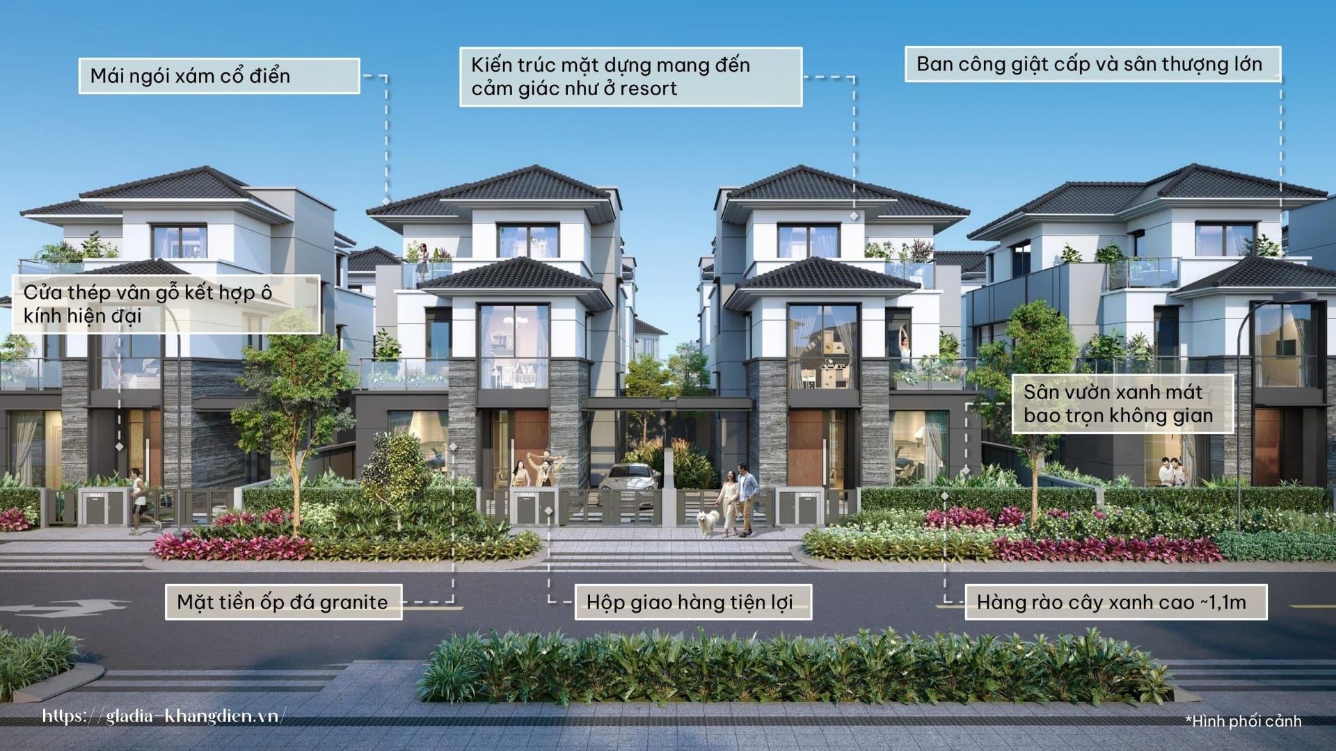 Phối cảnh tổng thể thiết kế sang trọng và gần gũi thiên nhiên của dự án Gladia by the Waters.
