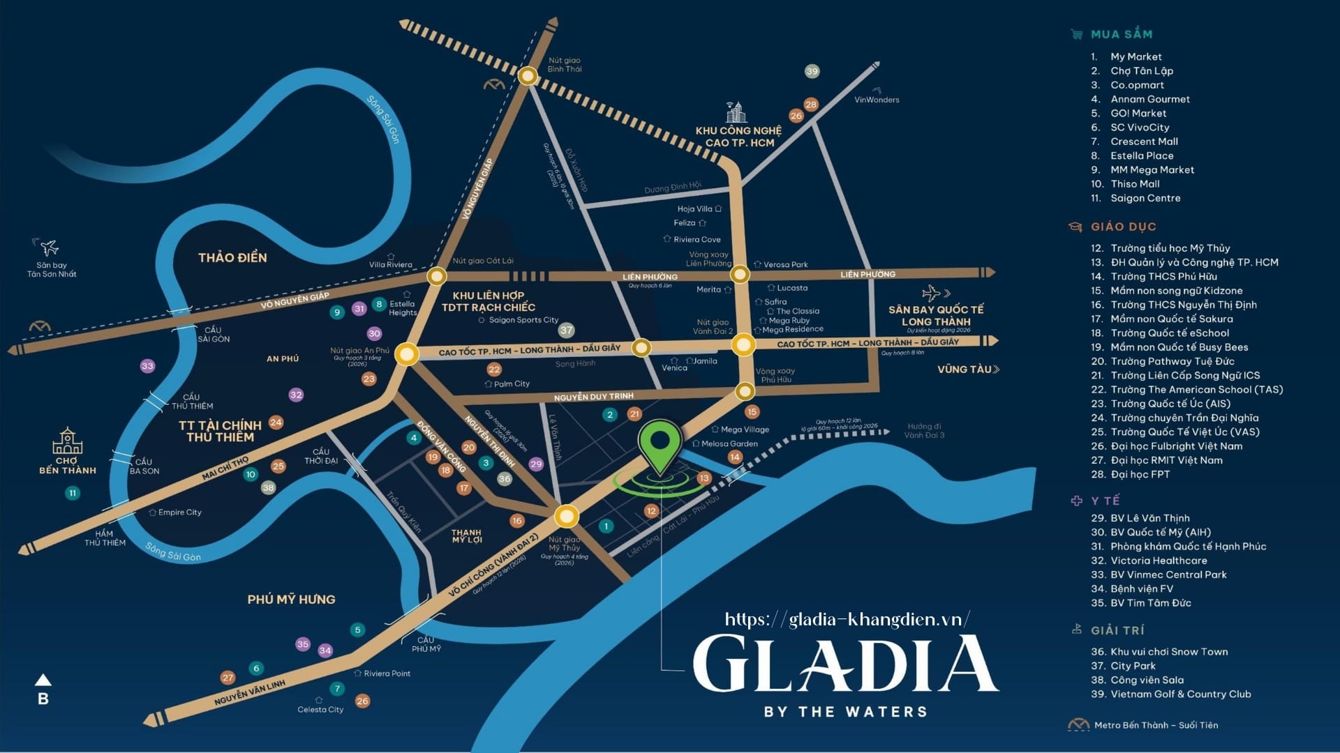 Bản đồ vị trí dự án Gladia by the Waters Khang Điền tại TP. Thủ Đức, tâm điểm kết nối khu Đông Sài Gòn.